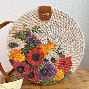 Collection Eighteen Woven Rattan Round Crossbody Boho Painted Floral Bag